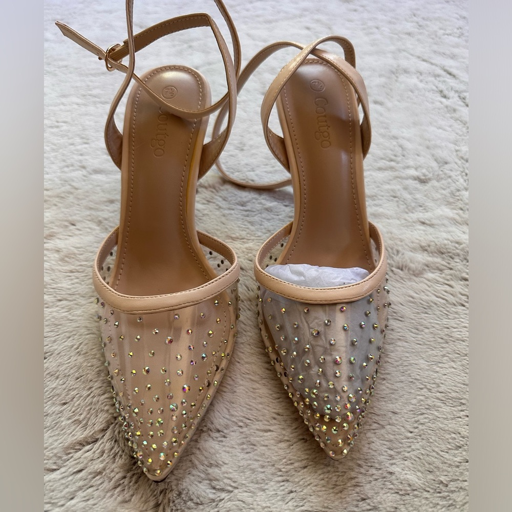Nude Pointed Rhinestone Ankle-Strap Pumps